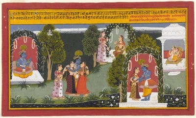 Kama und Rati Zeugen die Wiedervereinigung von Krishna und Radha, Seite aus einer Gita Govinda-Serie, 1714 von Indian School